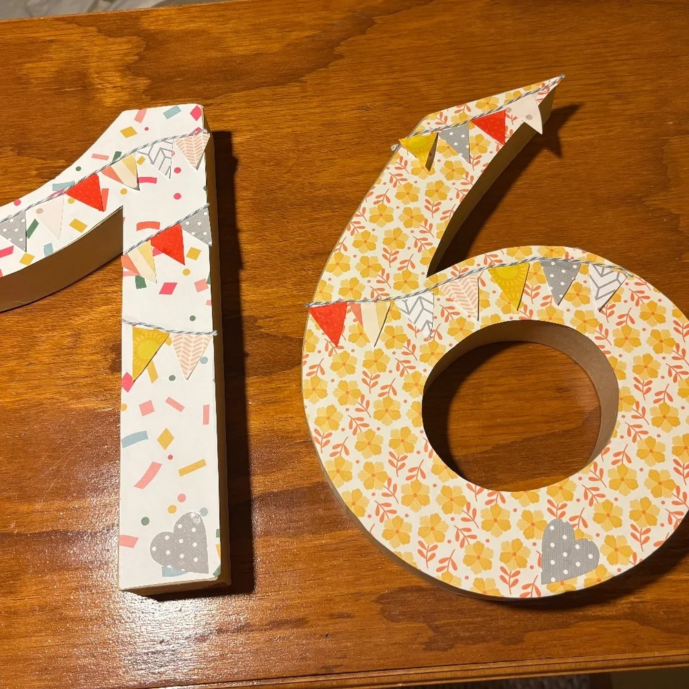 16th Birthday decor - Paperboard letters hand decorated in yellow, gray, coral